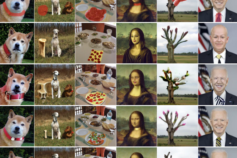 Grid of images of dogs, pizza, the Mona Lisa, trees and Joe Biden.