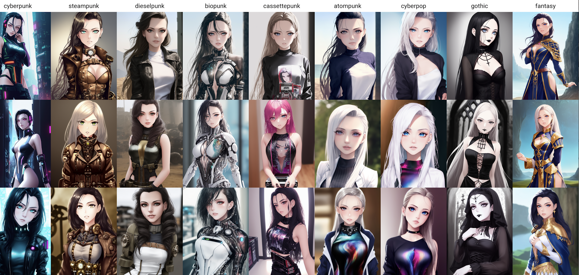Grid of many images of cartoon women in various costumes created by generative AI.