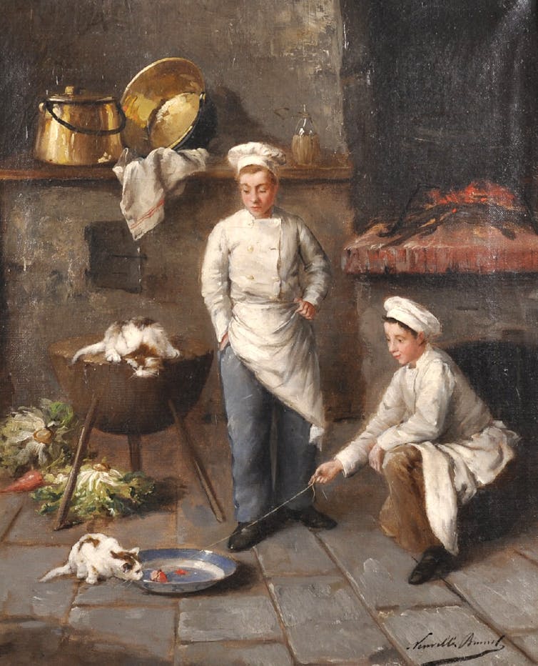 Painting of two young chefs playing with kittens