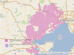 map showing range of grasslands earless dragon to the west of Melbourne