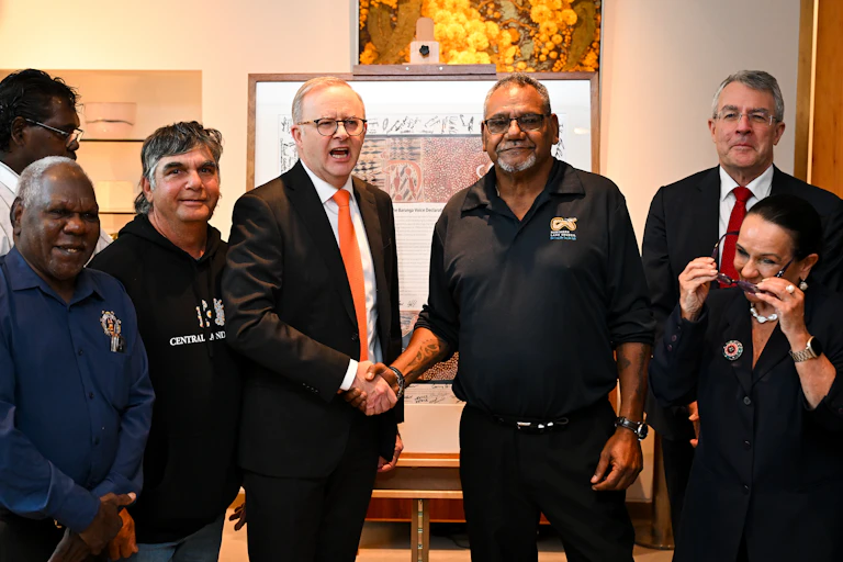 Prime Minister Anthony Albanese, Minister for Indigenous Australians Linda Burney and Chair of the Northern Land Council Samuel Bush-Blanasi unveil the 2023 Barunga Declaration at Parliament House.