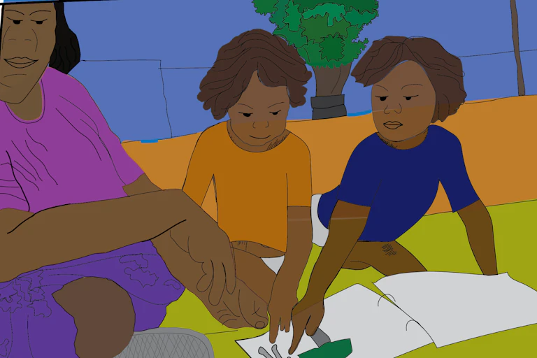 An illustration of a Wirlpiri caregiver talking to children.