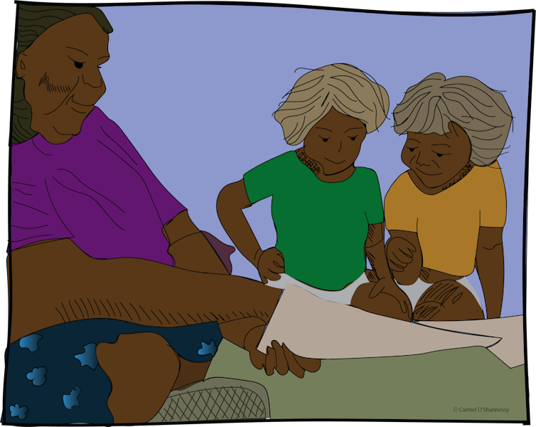 A drawing from recording session showing caregivers interacting with children.