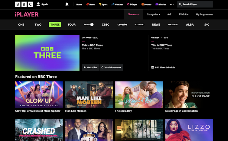 The BBC Three landing page on iPlayer.