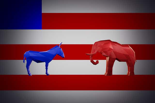 An illustration of a blue donkey and a red elephant superimposed on a simplified American flag