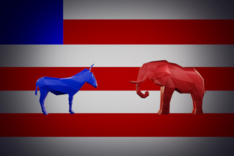 An illustration of a blue donkey and a red elephant superimposed on a simplified American flag