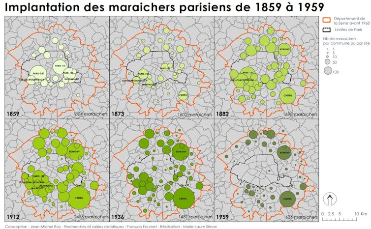 Six cartes de 1859 à 1959 ; il y une croissance du nombre d’exploitations jusqu’à 1912, puis une décroissance rapide au XXᵉ siècle