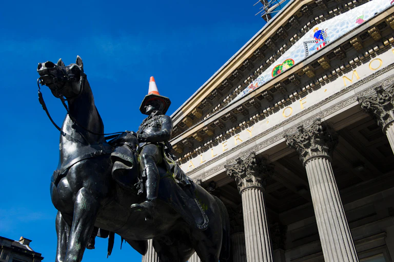 The statue of the Duke of Wellington outside Glasgow's Gallery of Modern Art, with a traffic cone on his head