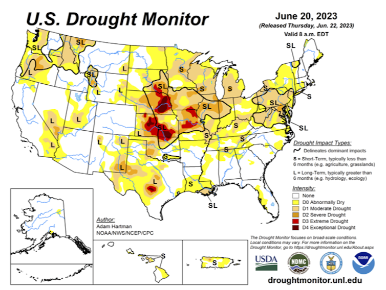 Map of drought regions in U.S. with central Plains highlighted.