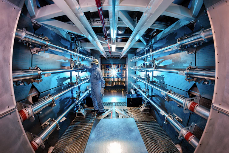 A person wearing full protective gear stands inside a cylindrical room lined with pipes and valves.