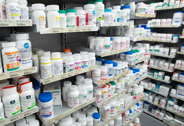 Drugs on shelves in a pharmacy