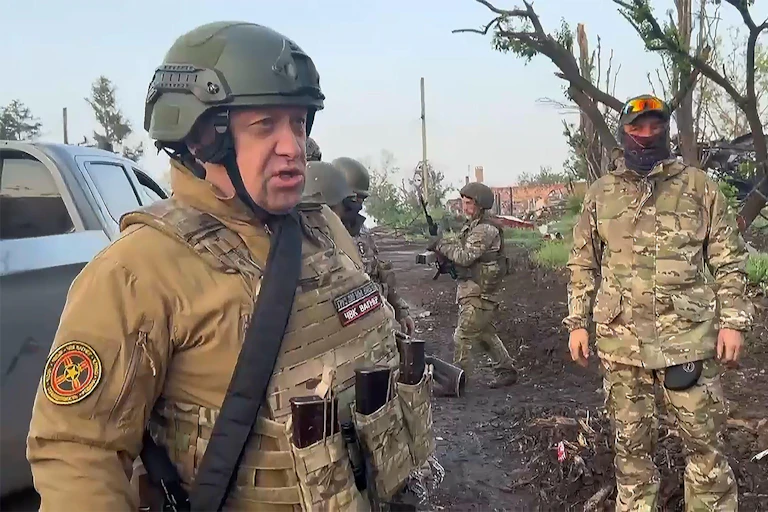Wagner Group leader Yevgeny Prigozhin with his Wagner Group troops at Bakhmut in May 2023.