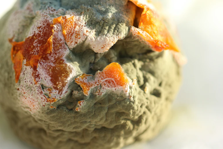 A close-up of an orange fruit mostly consumed by white and blue fluffy mould