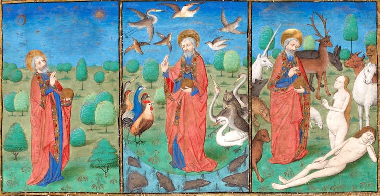 An illuminated manuscript showing scenes from the biblical creation story.
