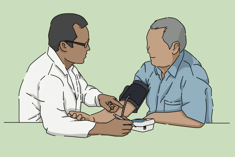 Illustration of GP taking blood pressure of a patient.