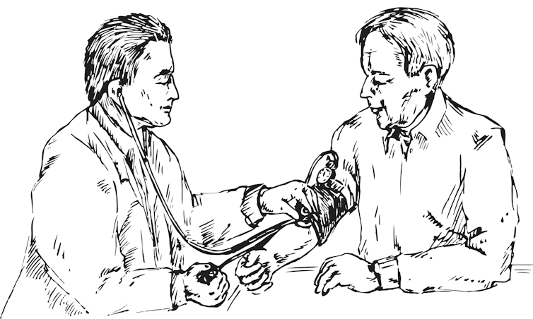 Illustration of GP with a member of his surgery.