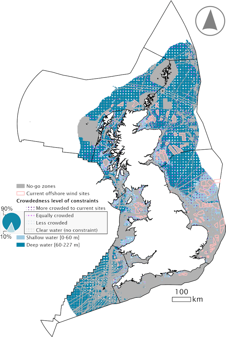 Map of no-go zones for offshore wind farms around Britain.