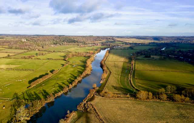 aerial view of a river surrounded by fields