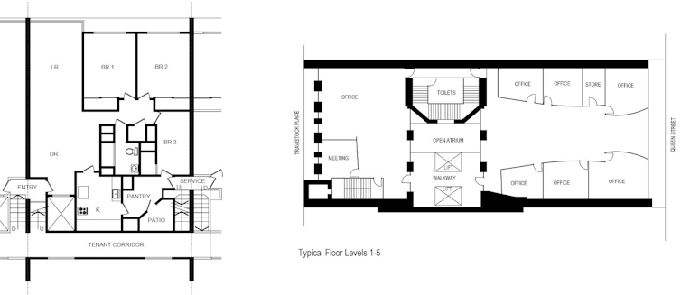 Two floor plans, one shows an apartment layout with living room, kitchen, two bedrooms and a bathroom, while the other shows an office with bathrooms, an atrium and many individual offices