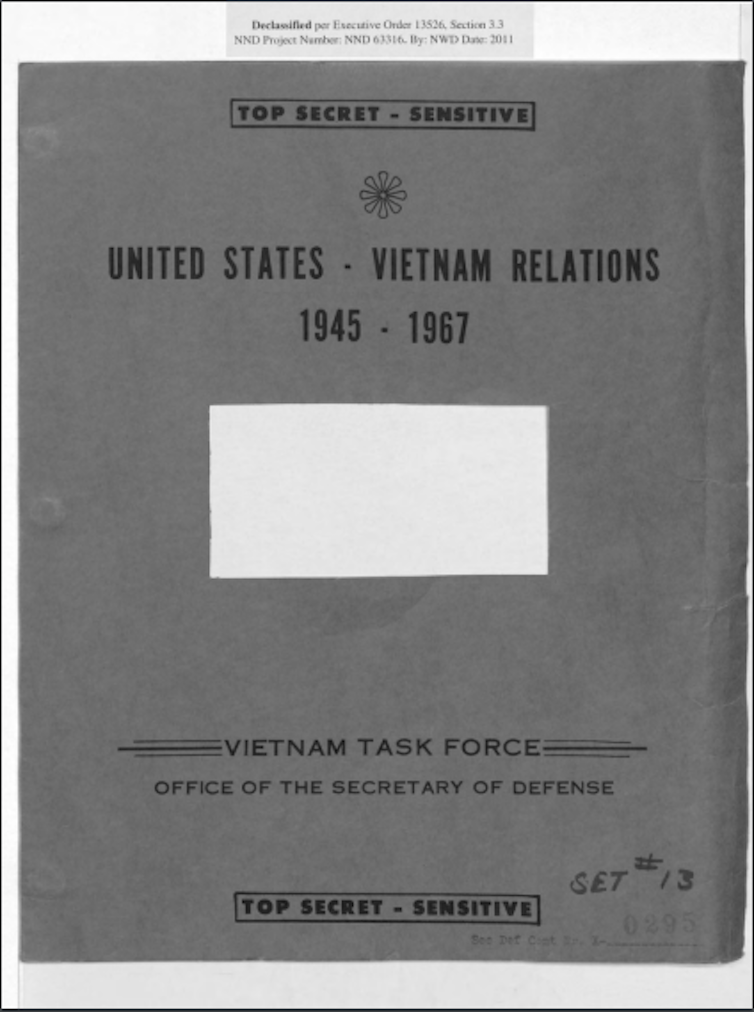 A cover page of a publication, labeled 'Top Secret - Sensitive' and entitled 'United States - Vietnam Relations, 1945-1967'