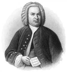 A black and white portrait of a white man wearing a white powdered wig and holding a sheet of music.