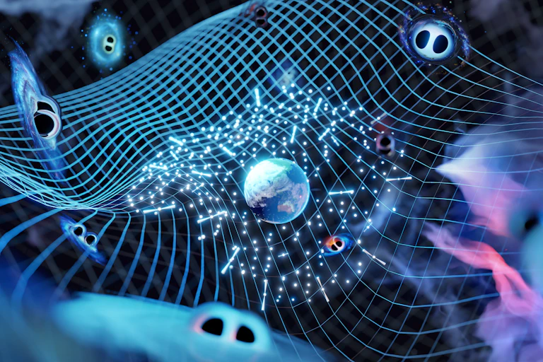 Illustration showing Earth and pulsars on a background of warped spacetime, with black holes in the distance.