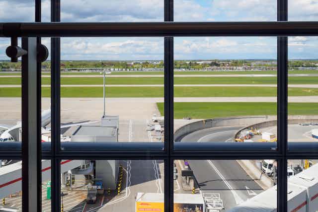 Window on to an airport runway.