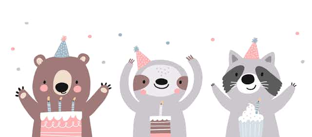 Illustration d'animaux fêtant leurs anniversaires.