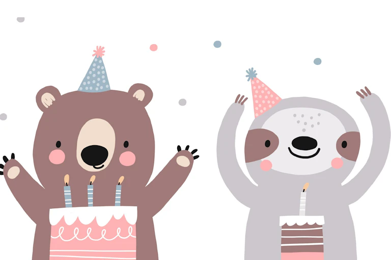 Illustration d'animaux fêtant leurs anniversaires.
