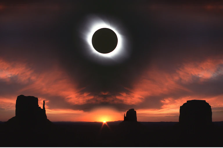 A total solar eclipse, where the sun is eclipsed by the Moon, leaving only shadowy light visible from behind the Moon's silhouette. Below, there is a sunset over Moab, Utah with rock plateaus and formations visible.