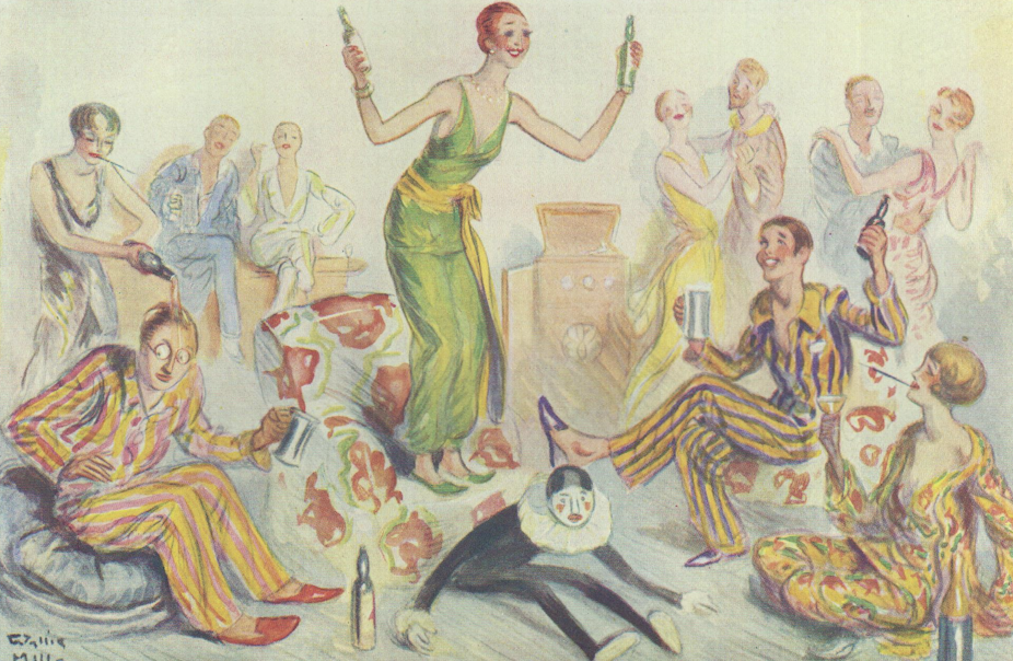 illustration showing people partying in colourful outfits, some are dressed up as mimes or clowns. 