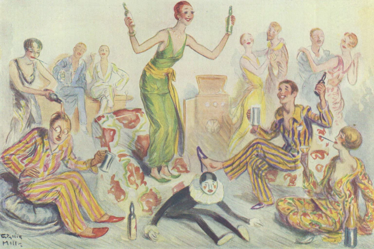 illustration showing people partying in colourful outfits, some are dressed up as mimes or clowns.