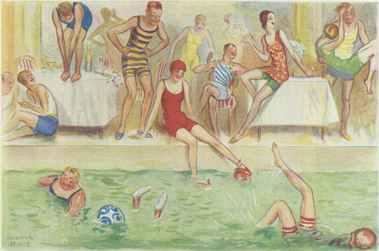 illustration showing party goers jumping into a pool