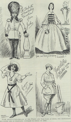 Black and white drawings showing crossdressing party goers.