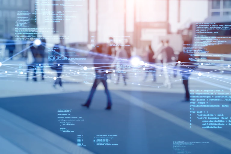 people walking on a city street in daylight overlaid with dots connected by lines and short segments of small text