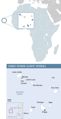 A map of Africa with a zoomed-in section featuring the 10 islands of Cabo Verde.