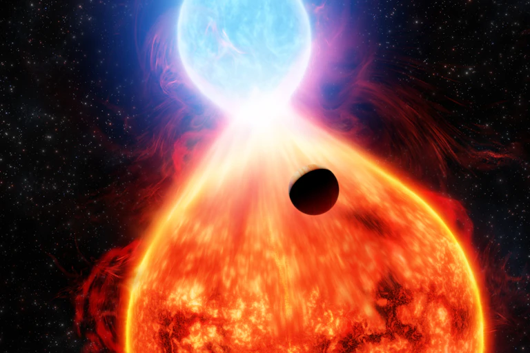 An illustration showing a dark planet near a red star and a blue-white star in the process of merging.