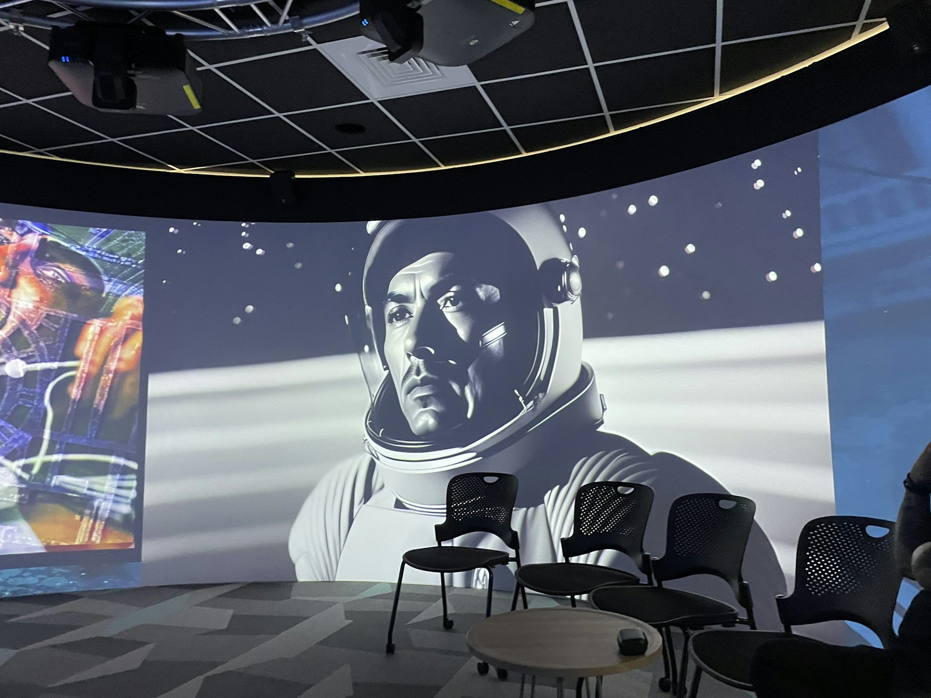 Portrait of a native Peruvian man dressed as an astronaut