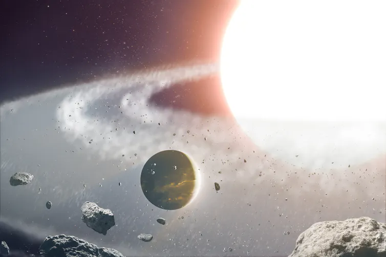 An illustration of a planet in a ring of dust and debris around a star.