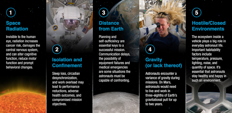 Infographic summarising the five space hazards