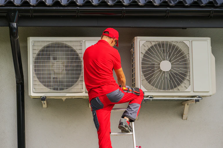 An engineer in red uniform stands atop a ladder inspecting two fan units attached to a building's exterior.