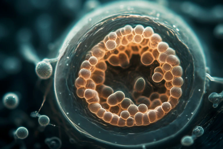 Illustration of blastocyst embryo, a hollow sphere with a mass of dividing cells lining the inside