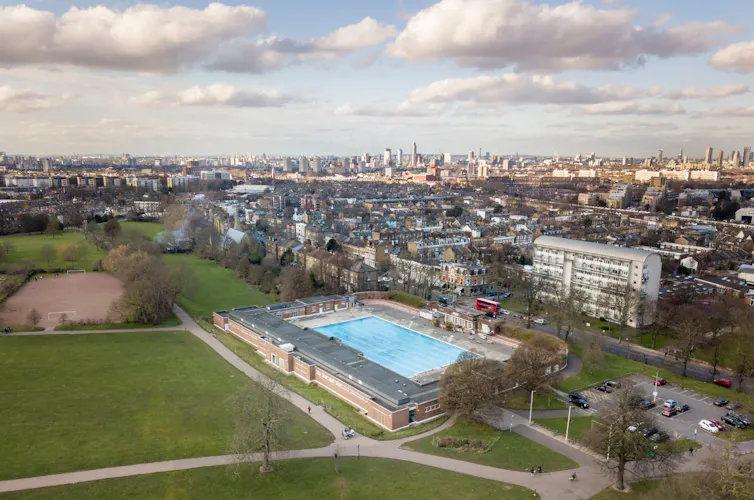 Aerial view of Brockwell Lido in south London.