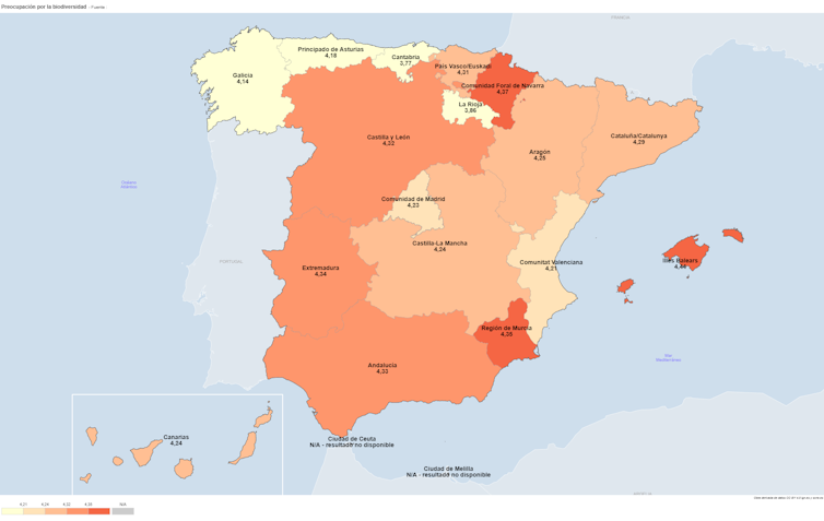 Mapa de España con las comunidades autónomas coloreadas según el grado de preocupación por la biodiversidad de los ciudadanos. En Navarra y Murcia hay más preocupación.