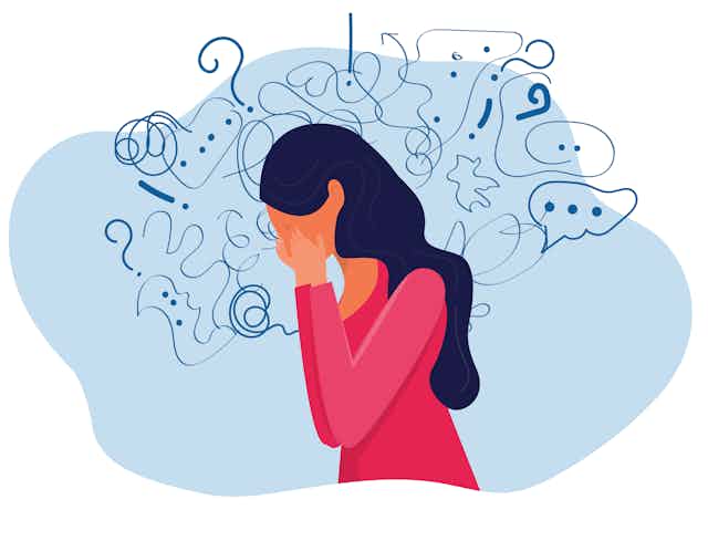 Cartoon illustration of a woman holding her hands to her face in distress, with squiggly lines representing an overabundance of thoughts in her head.