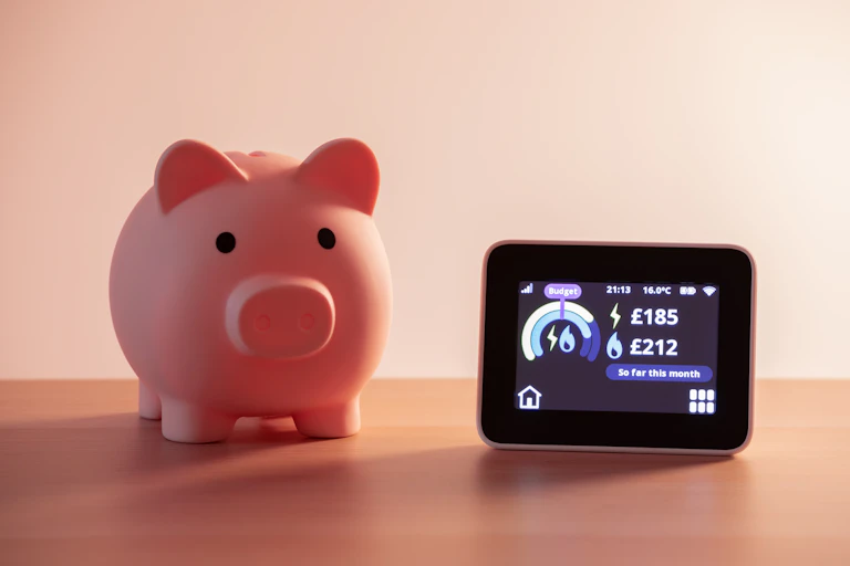 Piggy bank beside digital energy meter.
