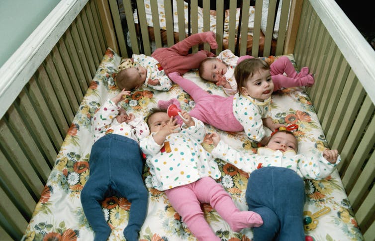 Six infants lie together in a crib, with a flower printed mattress.
