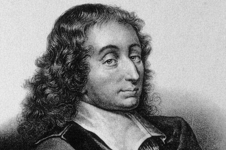 Black and white portrait of white man with long curly hair in seventeenth century dress