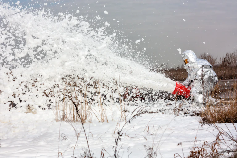 A firefighter using foam to douse a fire