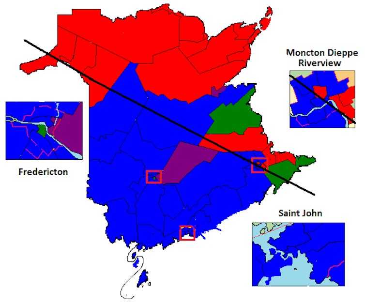 A map shows voting tendencies in New Brunswick.
